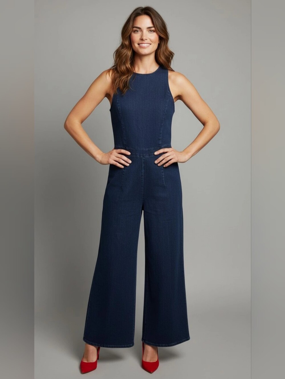Flying Tomato Sleeveless Wide-Leg Denim Jumpsuit